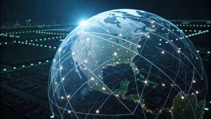 A digital globe illuminated with network connections, showcasing a high-tech view of the Earth and its interconnected regions.