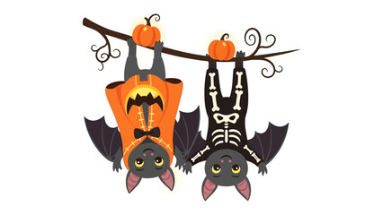 Halloween Bats: Delightful Halloween scene featuring two playful bats costumed as a pumpkin and a skeleton, hanging upside down from a whimsical branch adorned with pumpkins.
