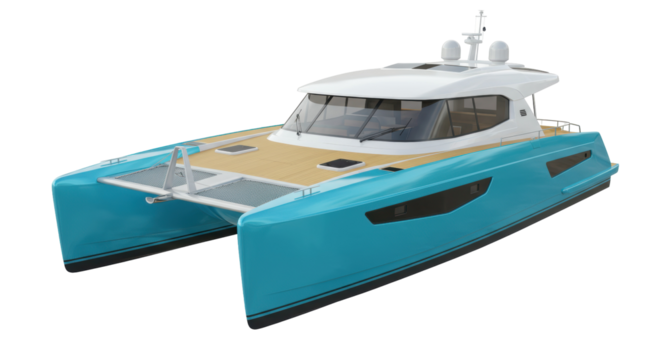 Modern blue catamaran yacht isolated PNG, luxury boat with wooden deck and white cabin for sea travel and leisure on transparent background