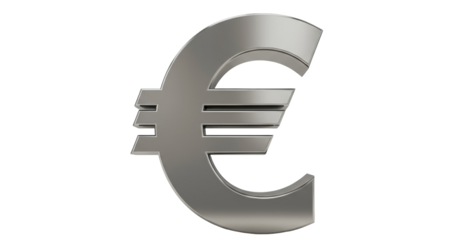 Shiny metallic Euro currency symbol isolated PNG, European Union money sign on transparent background for finance and business