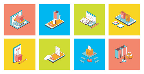 Election and voting concept of 3d isometric icons set. Pack with online vote system, making democratic choices, supporting political candidates and scoring politician results. Vector illustration.