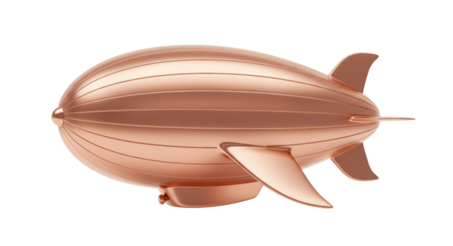 Copper-colored zeppelin isolated on transparent background, vintage airship PNG for steampunk design and retro aviation themes