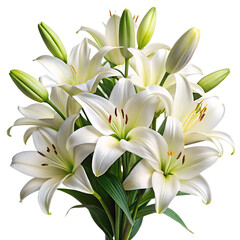 Fototapeta premium Bouquet of White Lilies with Green Stems and Buds on a Black Background flowers floral isolated on a transparent background