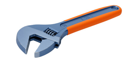 Obraz premium Adjustable wrench isolated on a clean background, blue and orange tool for tightening bolts and nuts, no background PNG