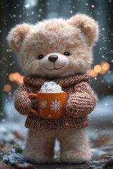 Standing teddy bear in cozy winter sweater holding orange festive mug with whipped cream and cocoa sprinkles, snowy forest background, perfect for Christmas cards, seasonal decor, kids illustrations