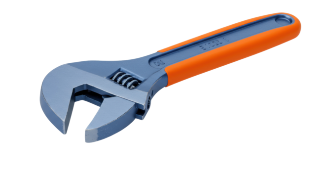 Adjustable wrench isolated on a clean background, blue and orange tool for tightening bolts and nuts, no background PNG