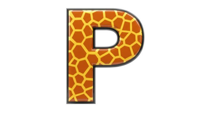 Giraffe pattern letter P PNG isolated on transparent background, safari alphabet design for kids and wild animal themes