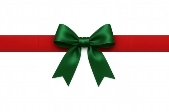 Green satin bow with red ribbon, creating a gift wrap element for holiday celebrations on transparent background