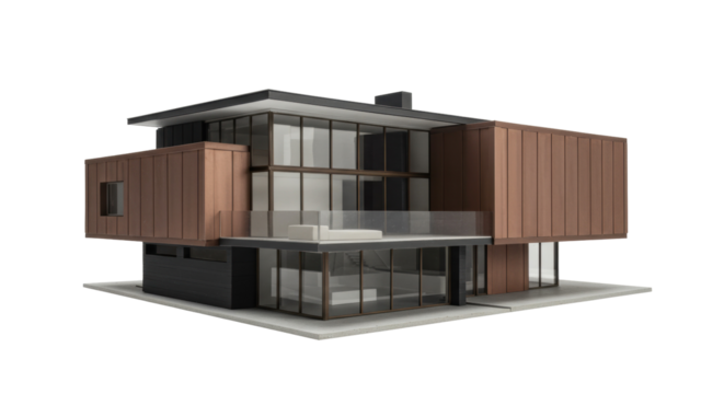 Modern house model isolated on transparent background, architectural design concept for real estate and construction projects PNG