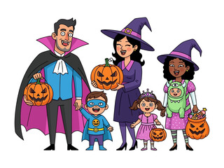 Halloween Family Fun: A joyous family dressed in festive Halloween costumes shares a moment of laughter and camaraderie. Each member holds a pumpkin or a candy bag.