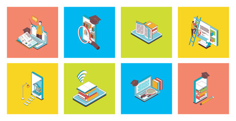 Online education concept of 3d isometric icons set. Pack with distantly studying with teacher video lectures, college or university platforms, digital books read, virtual exam. Vector illustration.