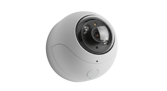 Modern dome security camera isolated on transparent background, surveillance technology for home safety and security
