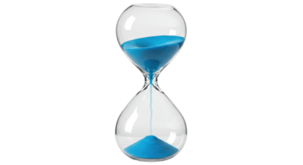 Hourglass with blue sand isolated on transparent background, time management concept for deadlines and productivity