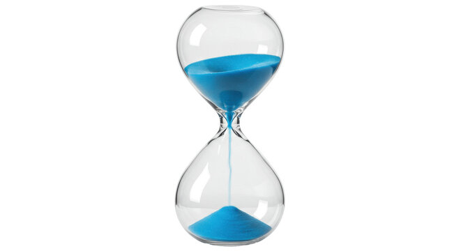 Hourglass with blue sand isolated on transparent background, time management concept for deadlines and productivity
