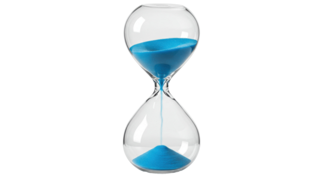 Hourglass with blue sand isolated on transparent background, time management concept for deadlines and productivity