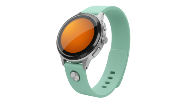 Smartwatch with mint green band isolated on white, modern wearable tech for fitness tracking and communication