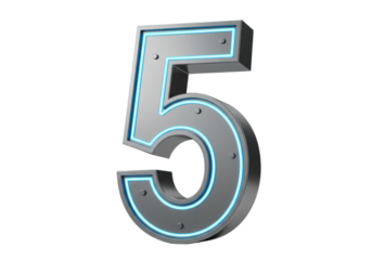Metallic number 5 with blue neon light isolated PNG, futuristic numeral for technology and modern design projects