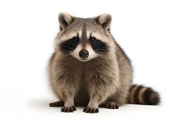 Obraz premium Fluffy young raccoon sitting and facing the camera on a clean white background, studio portrait with detailed fur and bright eyes.