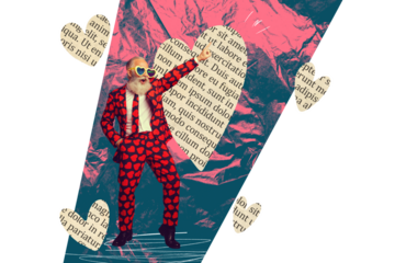 Composite trend artwork sketch image photo collage of valentine day holiday date love old man suit cool style dance eyewear paper fragment