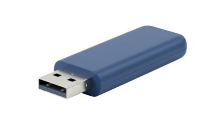 Blue USB flash drive isolated on transparent background, portable storage device for data transfer and backup in PNG format