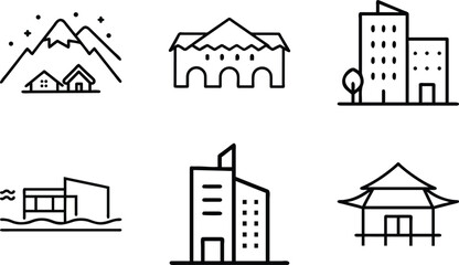 Set of 6 Minimal Line Icons of Houses, Buildings, and Architecture – Residential, Commercial, and Modern Real Estate Vector Illustrations on White Background