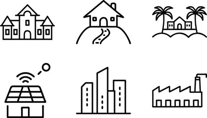 Set of 6 Minimal Line Icons of Houses, Buildings, and Architecture – Residential, Commercial, and Modern Real Estate Vector Illustrations on White Background