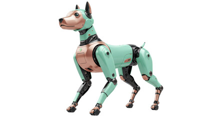 Robot dog PNG isolated on transparent background, futuristic pet with mint and copper colors for technology and design use
