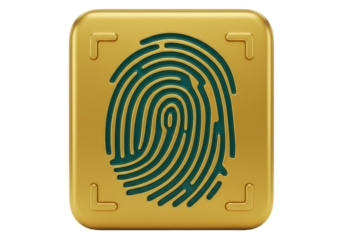 Golden fingerprint icon isolated on transparent background, biometric security symbol in PNG format for graphic design and authentication