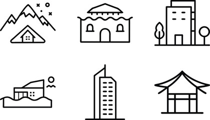 Set of 6 Minimal Line Icons of Houses, Buildings, and Architecture – Residential, Commercial, and Modern Real Estate Vector Illustrations on White Background