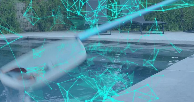 Father and son skimming pool with net after leaves dropping, cleaning under motion-tracking overlay