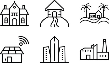 Set of 6 Minimal Line Icons of Houses, Buildings, and Architecture – Residential, Commercial, and Modern Real Estate Vector Illustrations on White Background
