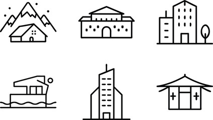Set of 6 Minimal Line Icons of Houses, Buildings, and Architecture – Residential, Commercial, and Modern Real Estate Vector Illustrations on White Background