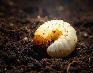 Macro Shot of Grub on Earth: Capturing the intricate details of a plump, cream-colored grub nestled in rich, dark earth, showcasing the natural world's hidden wonders.