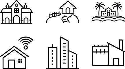 Set of 6 Minimal Line Icons of Houses, Buildings, and Architecture – Residential, Commercial, and Modern Real Estate Vector Illustrations on White Background
