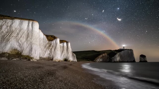 Serene Coastal Night with Lighthouse, Cliffs, and Celestial Rainbow