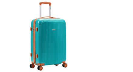 Teal and orange hard shell suitcase isolated on transparent background, travel luggage for vacation and business trips PNG