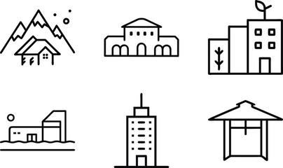 Set of 6 Minimal Line Icons of Houses, Buildings, and Architecture – Residential, Commercial, and Modern Real Estate Vector Illustrations on White Background