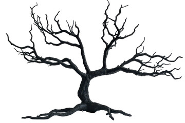 Gnarled bare tree branches isolated on transparent background. Dead tree for Halloween decoration isolated on white background.