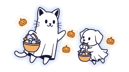 Halloween Kitty and Puppy Trick-or-Treating: Two adorable cartoon characters, a kitty and puppy, embody the spirit of Halloween, trick-or-treating with charming pumpkins and candy.