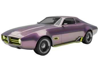 Futuristic purple car isolated on transparent background, concept vehicle with neon lights for automotive design and transportation
