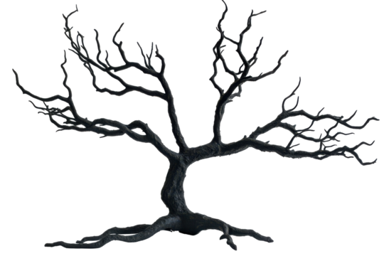 Gnarled bare tree branches isolated on transparent background. Dead tree for Halloween decoration isolated on white background.