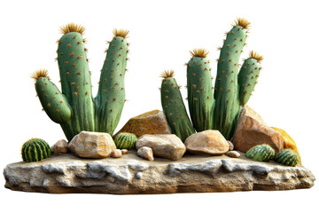 Green desert cactus and rocks on a transparent background isolated on transparent background. Cactus isolated on white background.
