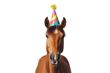 Funny horse wearing a party hat isolated on transparent background. Cheerful horse wearing a colorful birthday hat against a plain isolated on white background.