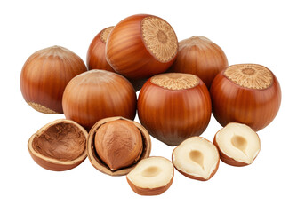 Pile of hazelnuts isolated on transparent background, whole and halved nuts with shells, healthy snack and ingredient for baking