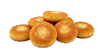 Pile of golden fried potato pancakes isolated on transparent background, traditional latkes for Hanukkah celebration