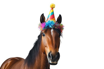 Funny horse wearing a party hat isolated on transparent background. Cheerful horse wearing a colorful birthday hat against a plain isolated on white background.