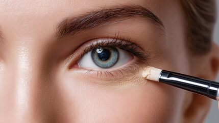 Close up of blue eye with concealer brush applying makeup under eye, showing smooth skin texture and natural eyebrow shape in beauty cosmetic routine