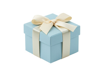 Light blue gift box with cream ribbon isolated on transparent background, present for birthday or special occasion PNG