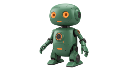 Green toy robot isolated on transparent background, cute android character for kids design and futuristic concepts PNG