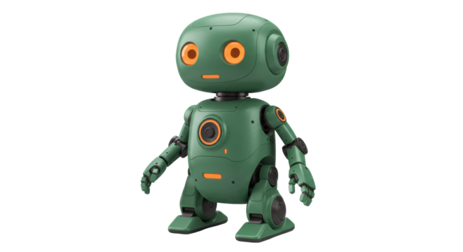 Green toy robot isolated on transparent background, cute android character for kids design and futuristic concepts PNG